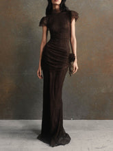 Elegant High Neck Ruffled Short Sleeve Lace Maxi Dress